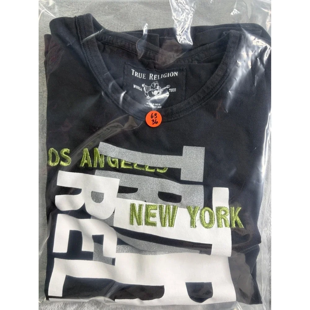 True Religion World Tour Cities Graphic Mens L Black T-Shirt Vertical Logo Print